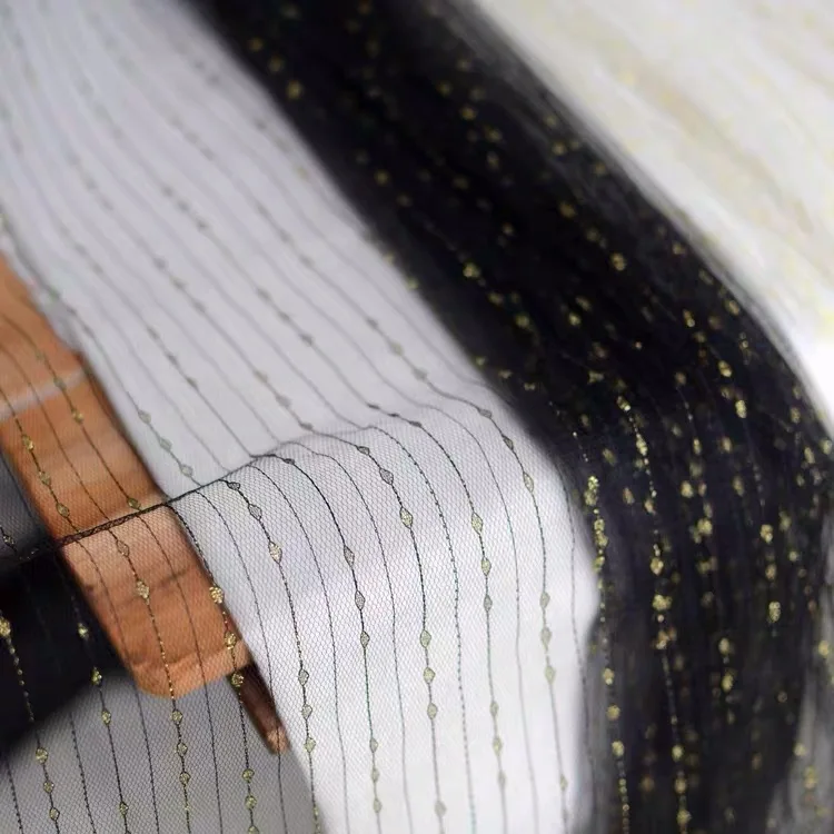 Черная сетчатая кружевная ткань вышитые золотые полосы кружево в горошек белая