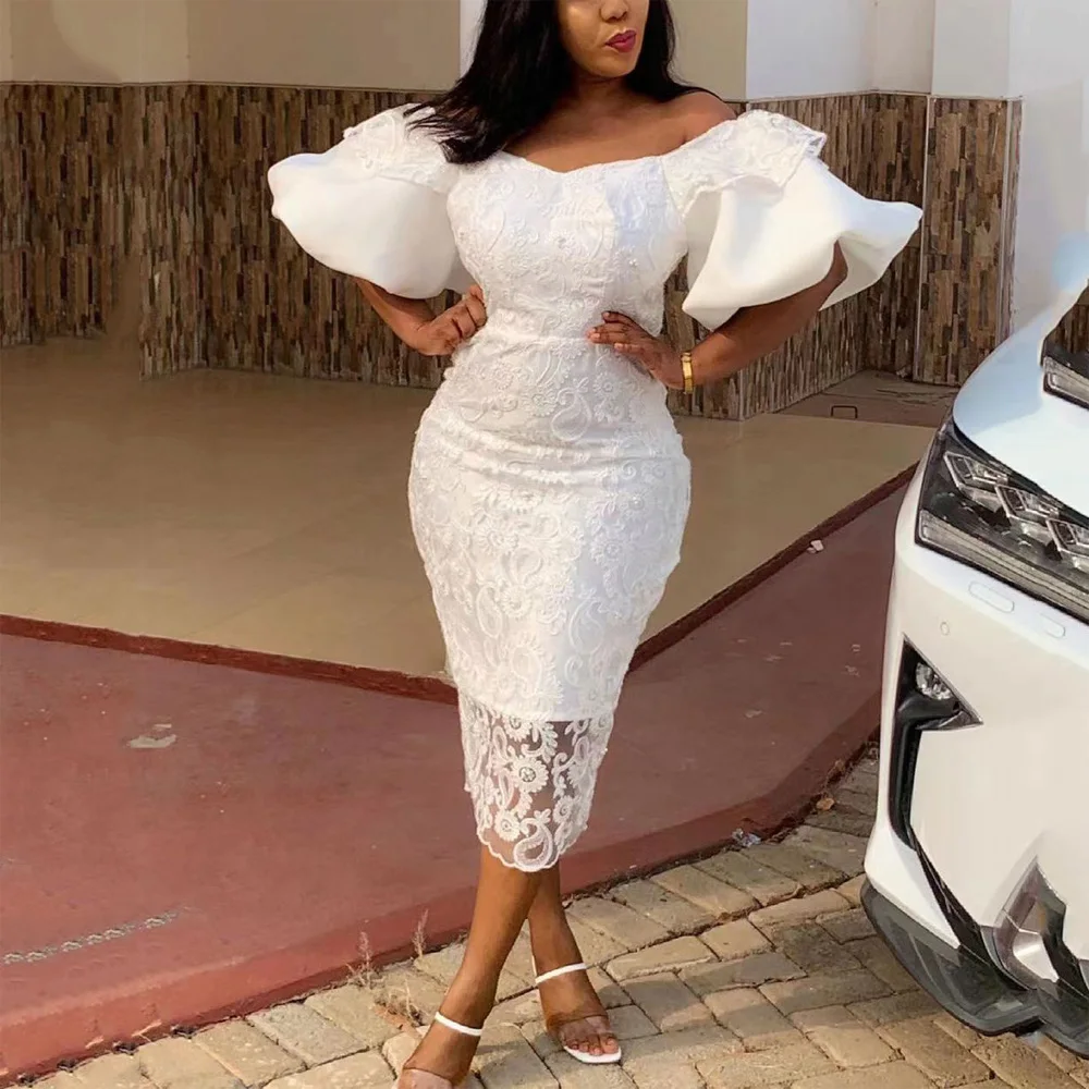 

White Christmas Dress Mother Plus Size Slash Neck Lantern Sleeve Bodycon High Waisted Mid Calf Christmas Evening Night Party Hot