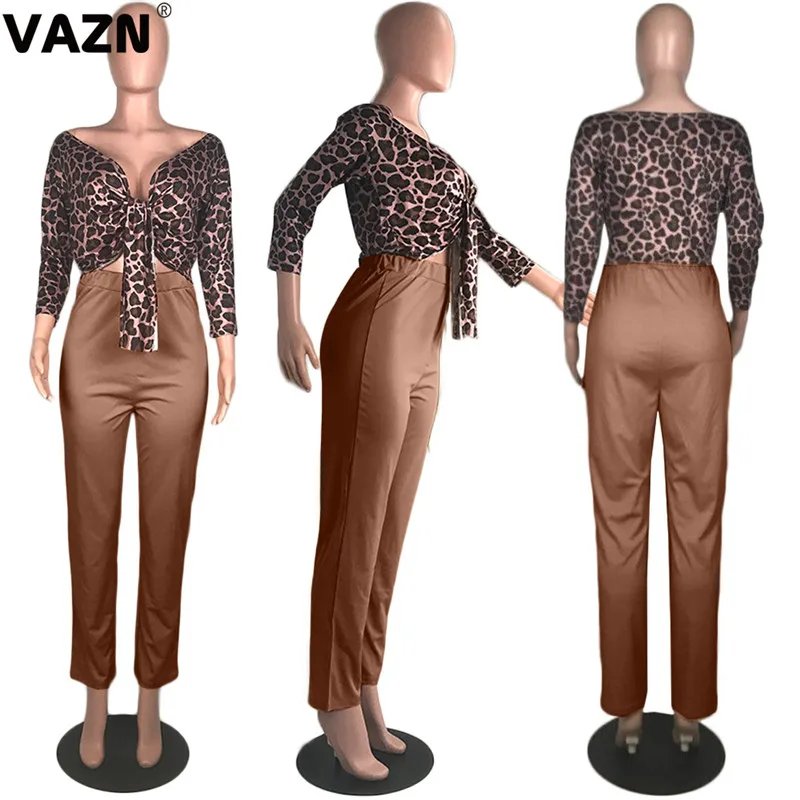 VAZN MOM5015 повседневные спортивные костюмы с леопардовым принтом для ночного клуба, стильные брюки-карандаш длинные штаны с длинными рукавами, однотонные шифоновые женские комплекты из 2 предметов