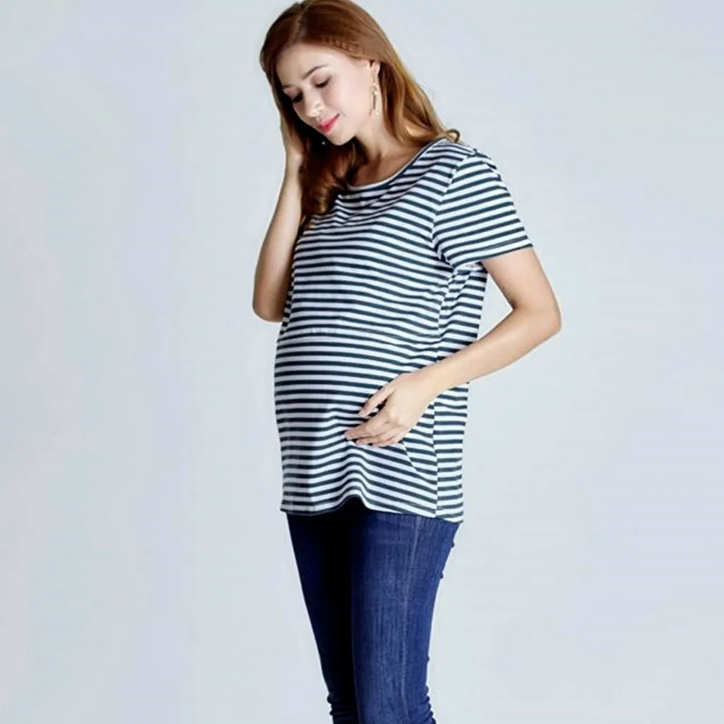 

Women Clothes Maternity Breastfeeding T-shirt Stripe Summer Short Sleeve Patchwork Print Nursing Tops Clothes for Pregnant Women
