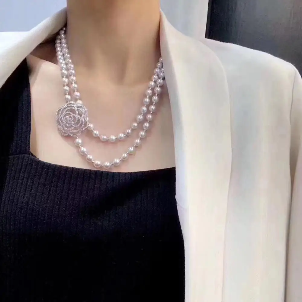 2 kinds of wearing four seasons Flower zircon long pearl necklace party / wedding high-end dress chain for women Charm necklace