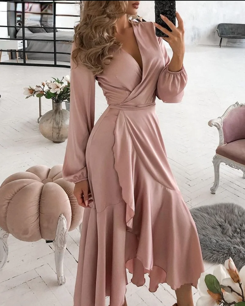 

Женское Атласное Платье макси с асимметричными оборками, элегантное платье с глубоким V-образным вырезом и длинным рукавом