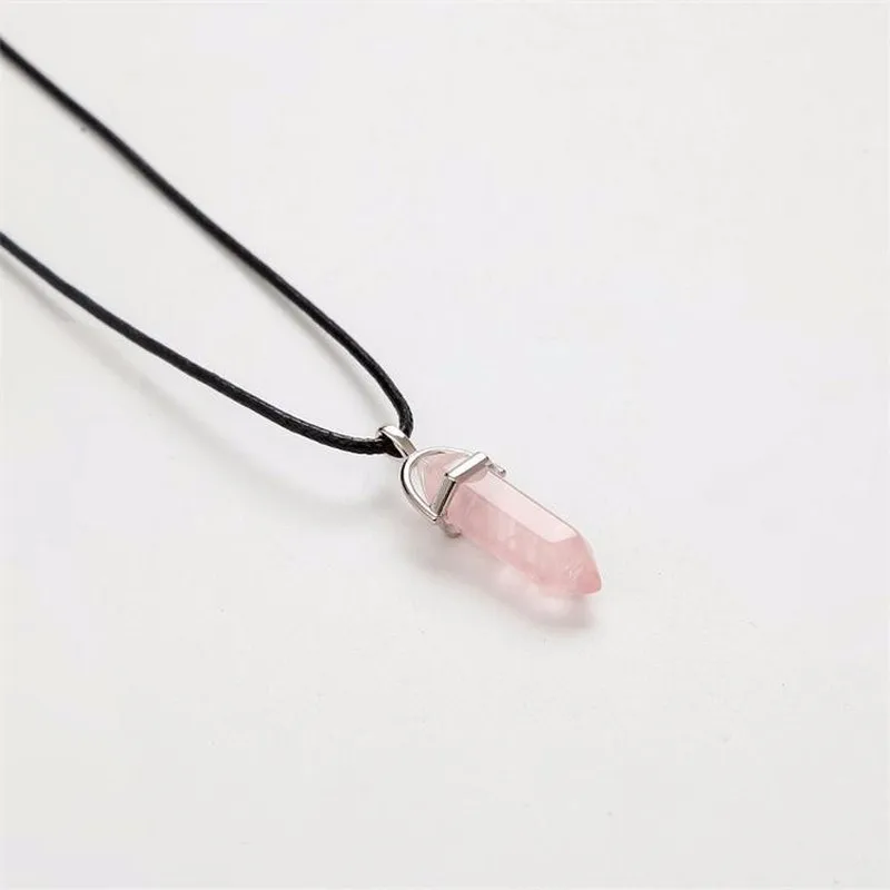 

Leather Rope Chain Necklace Hexagonal Column Necklaces Natural Crystal Pendants Pink White Stone Pendant Necklaces for Women