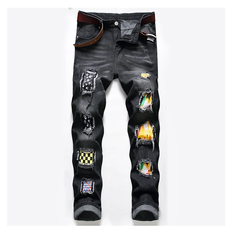 

KIOVNO Men Fashion Hi Street Ripped Jeans Pants Biker Patchwork Distressed Denim Trousers Male Streetwear Washed