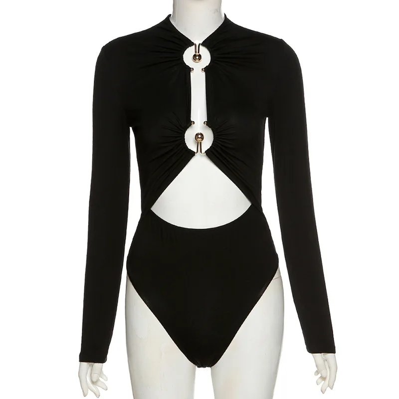 

2021 Summer New Long Sleeve Round Neck Hollow Out Navel Slim Women Jumpsuits Playsuits