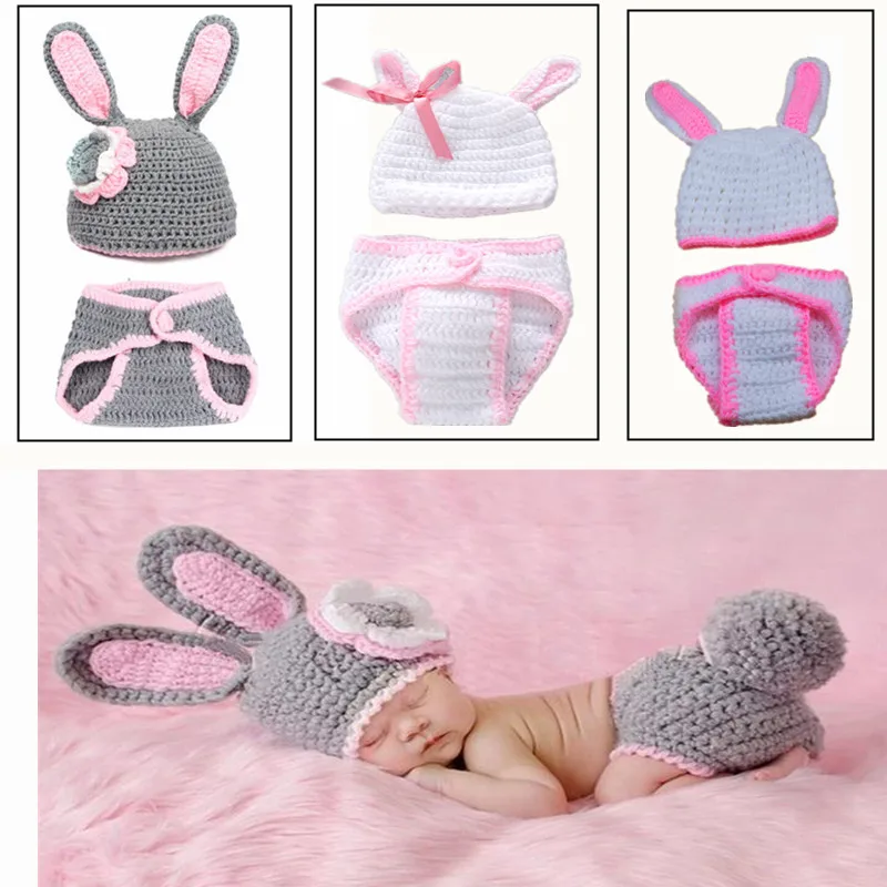 5Types Rabbit Photography Costume Newborn Handmade Crochet Knitted Hat And Diaper Cover Photo Props | Мать и ребенок