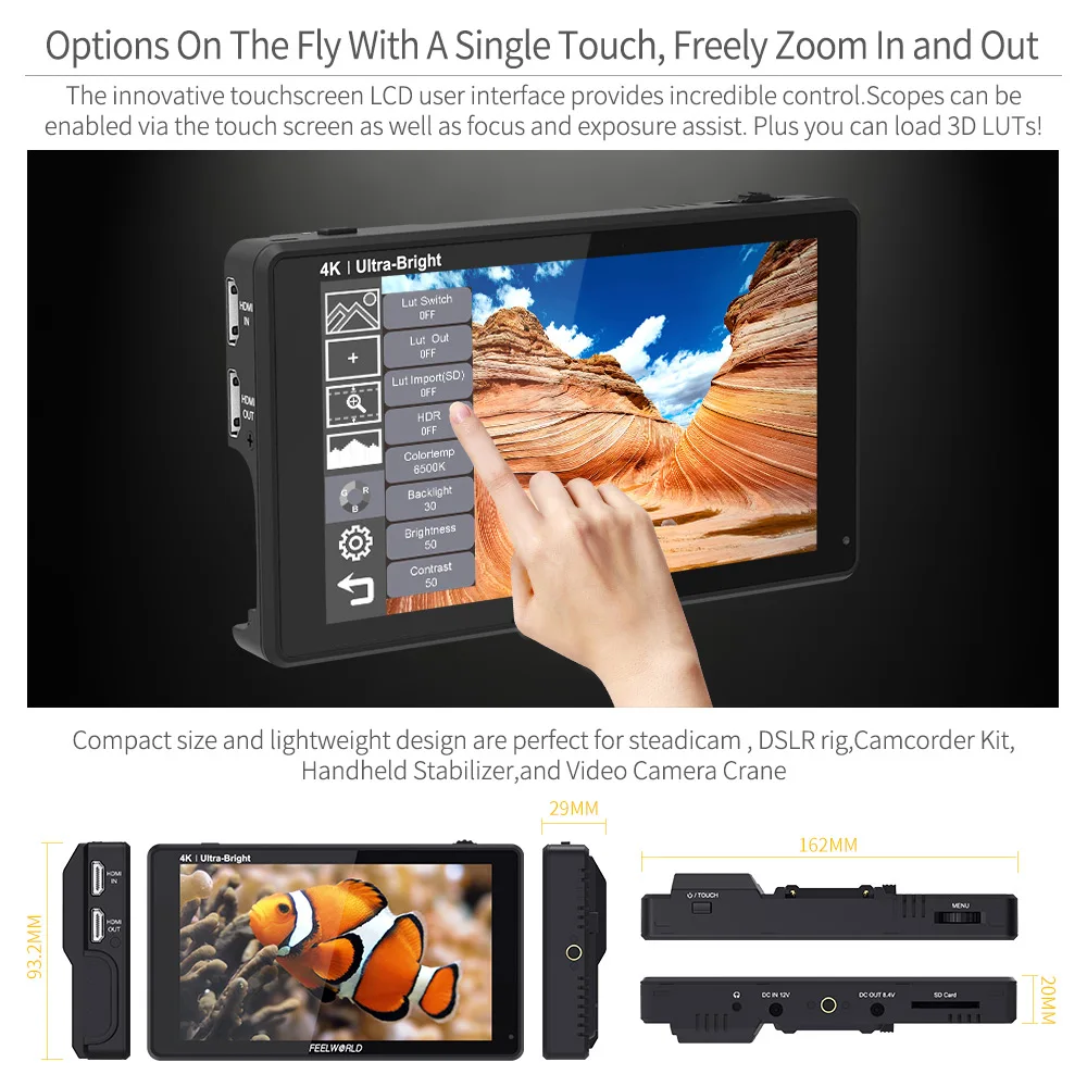 FEELWORLD LUT6 Monitor 6 Inch 2600nits 3D LUT HDR Touch Screen on DSLR Camera Field 3G-SDI 4K HDMI with Waveform |