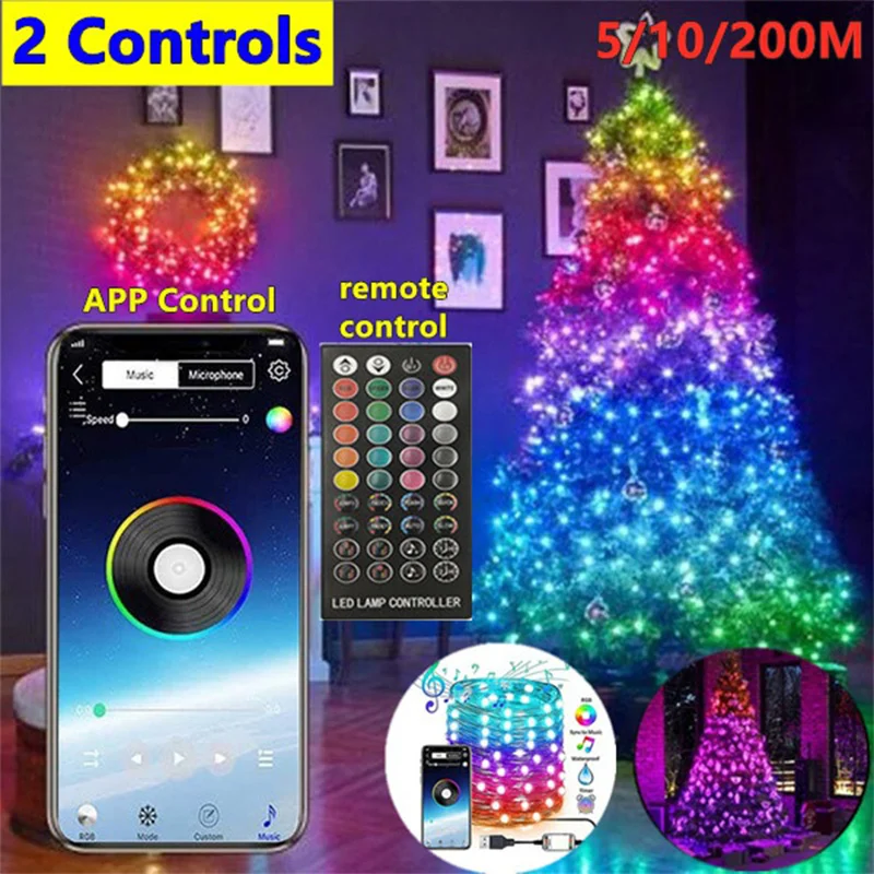 

RGB СВЕТОДИОДНАЯ Гирлянда для украшения рождественской елки, умная Bluetooth гирлянда с дистанционным управлением через приложение, USB, празднич...