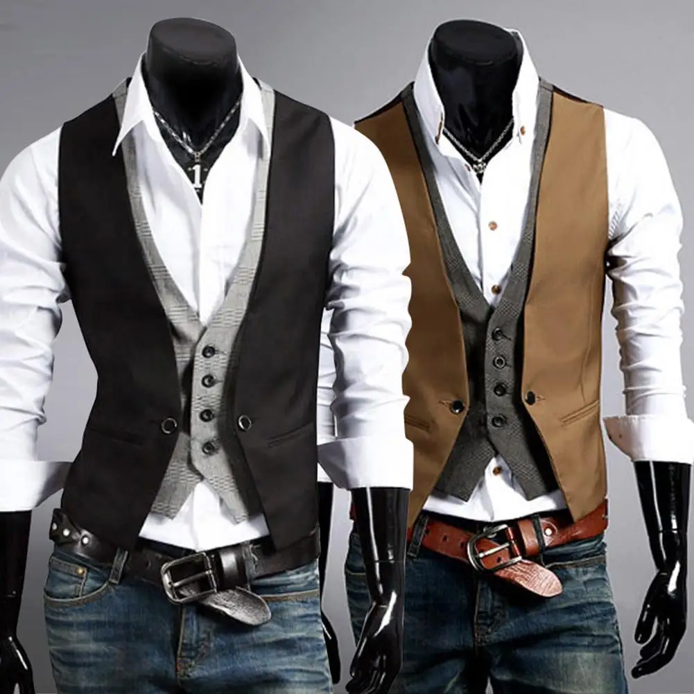 

Men Formal Waistcoat Vest Business Solid Color Single Button Vest gilet Fake Two-pieces V Neck Casual S-lim chalecos para hombre