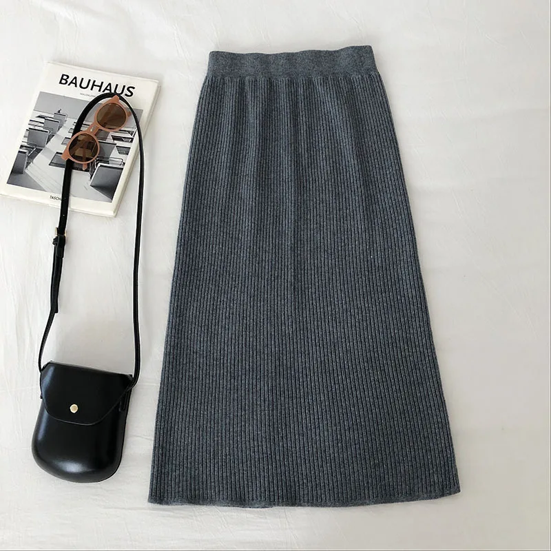 

2020 Autumn& Winter New Elastic Waist Slimming Back Split Simple Solid A-line Knitted Skirt High Waist Women Skirt Free Shipping