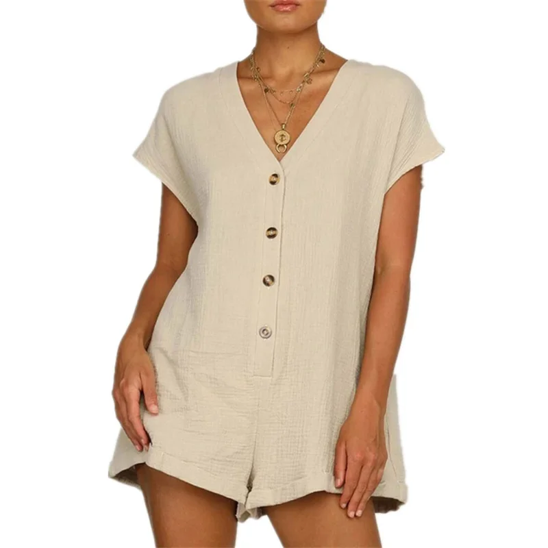 

Summer Women's Fashion Cotton Hemp Button V-neck Loose Short Sleeve Jumpsuit For Pregnant Women