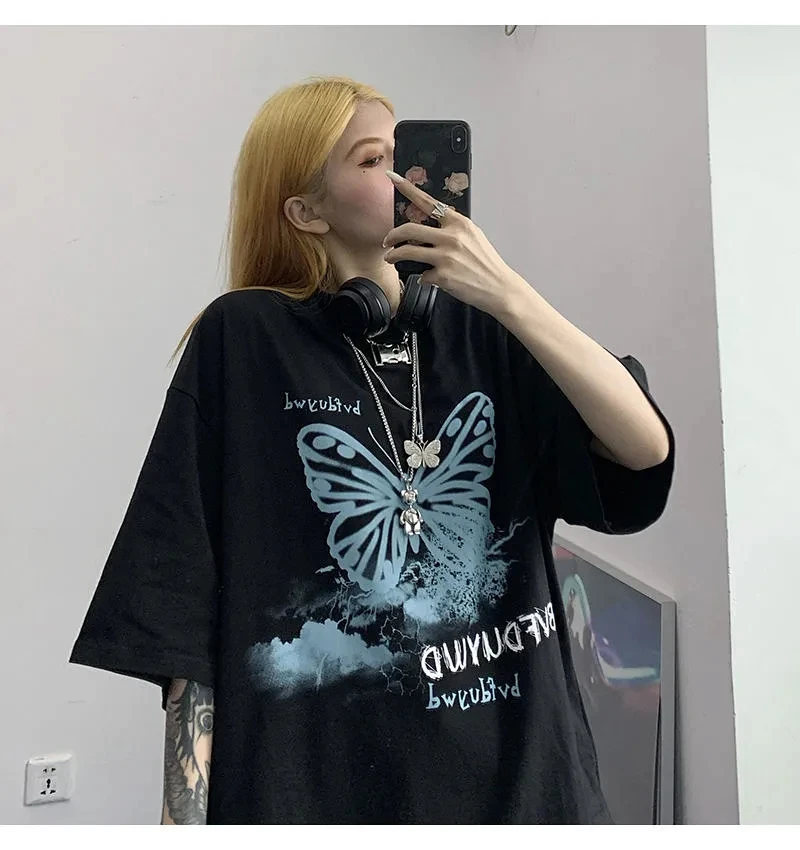 

Summer tops Streetwear Print Gothic Vintage butterfly dropshipping Korean Black Large Size Harajuku Short Sleeve women T-Shirts
