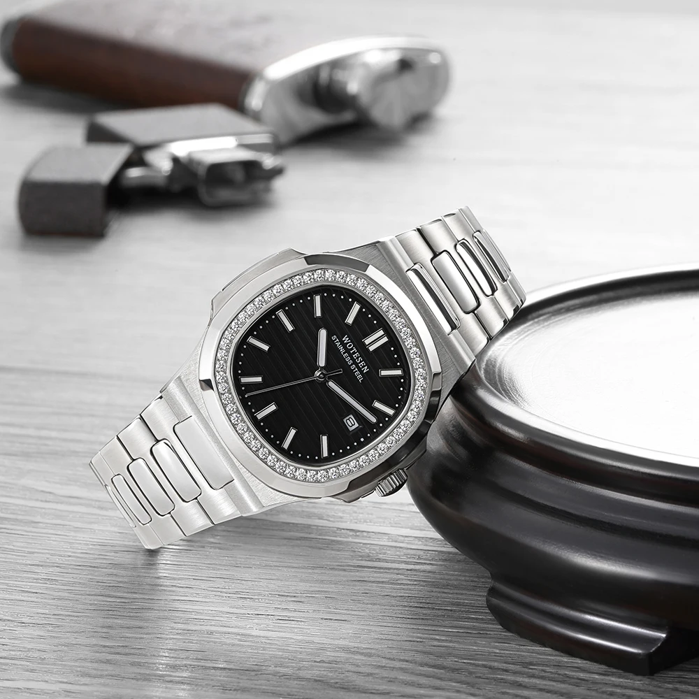 WOTESEN класса Люкс Для мужчин s алмаза часы кварцевые наручные Сталь Армия Военные