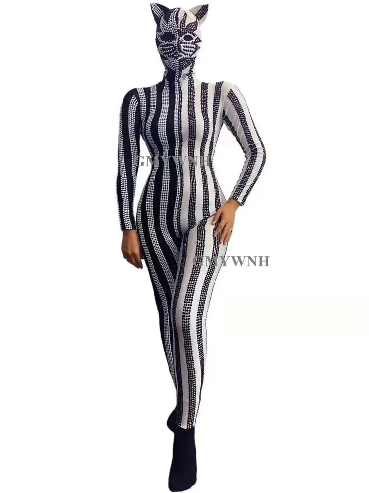 Q87 Клубный танец с палкой Сиамской высокой эластичности Демон-кошка Модель-шоу Костюм для тайтовой вечеринки Хэллоуин Сверление цепью Алмазный диджей.