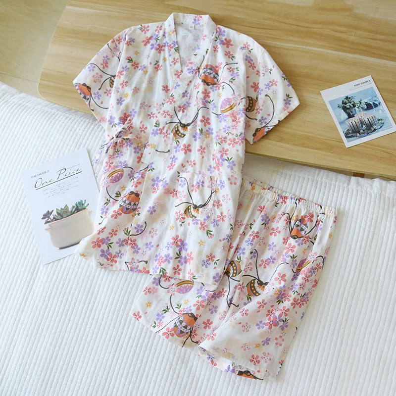 197 Cotton Pijama Women Homewear Flower Print Short Tops Kimono Shorts Casual Sleepwear Shirts Summer Pajama Loose  Pajamas Set