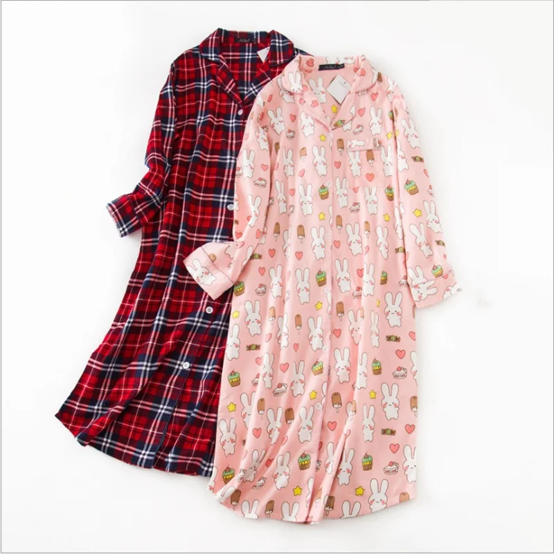 Женская Повседневная Ночная рубашка из 100% хлопка с отложным воротником и длинным