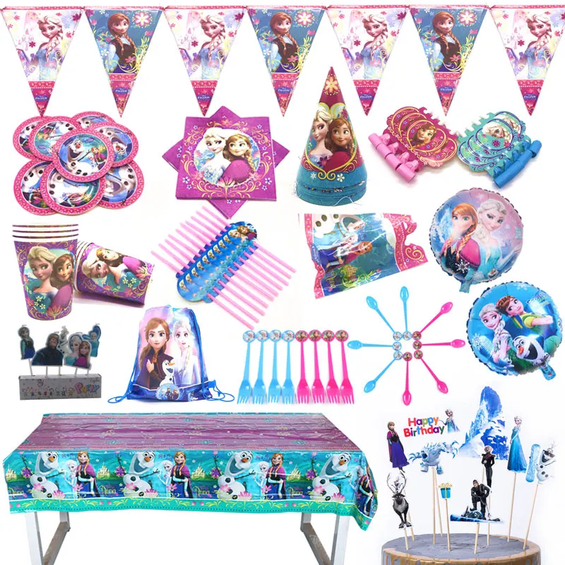 

Party supplies disposable tableware Disney Frozen Anna and Elsa Princess birthday party Decorations Tablecloth Plates Cups Flags