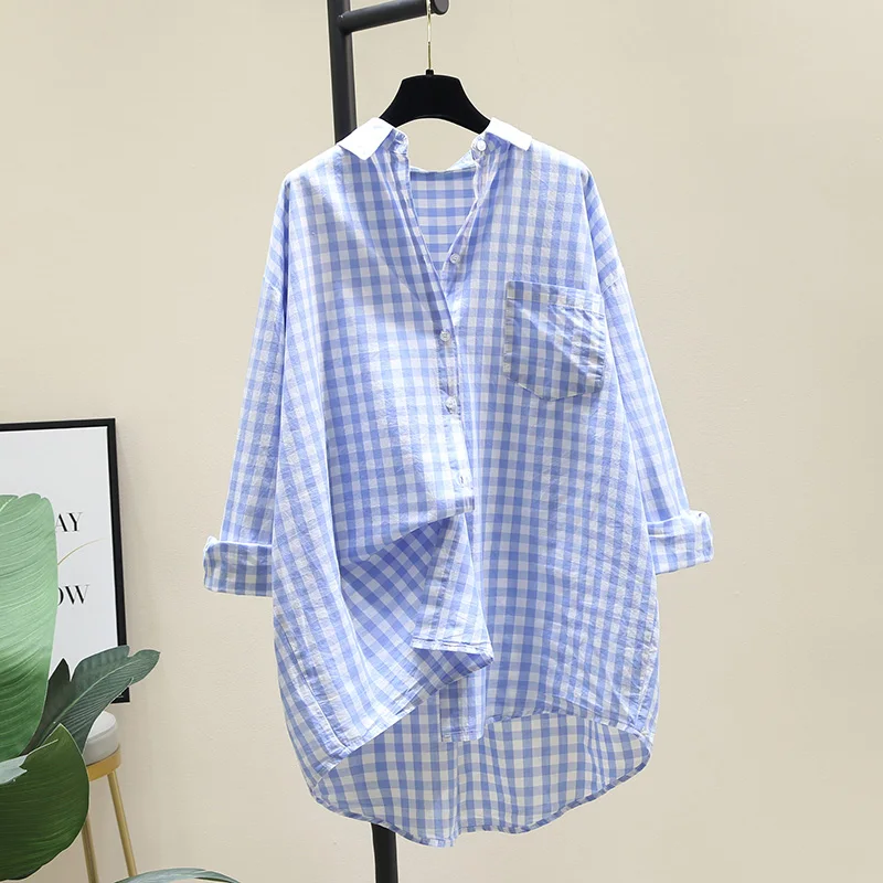 

SuperAen Long Blue Plaid Shirt Women's Autumn 2021 New Retro Loose Full Turn Down Collar Casual Jacket