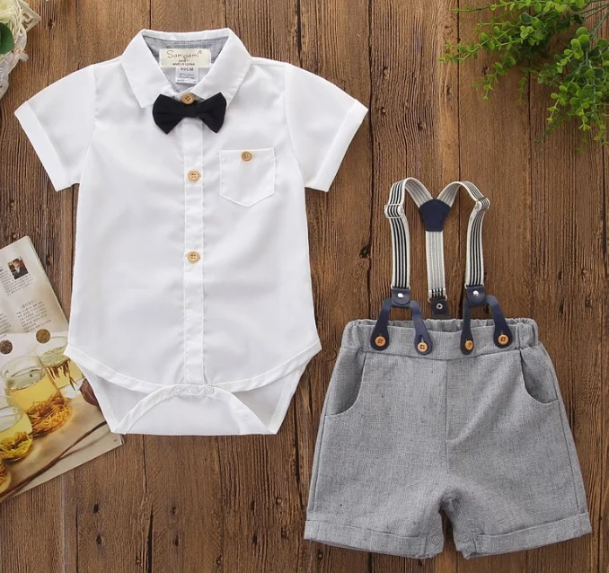 

Baby Boys Gentleman Outfit Suits Infant Short Sleeve Shirts Romper+Short Pants Clothes Set Shirt Dress Overalls Set