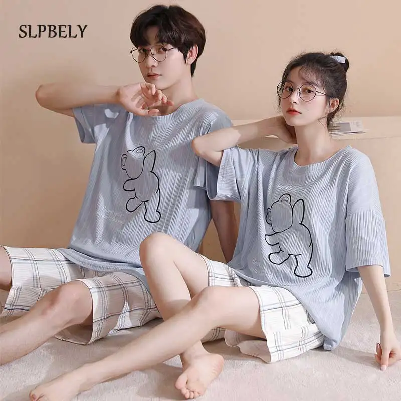 

SLPBELY Couple Pajamas Sets Cute Cartoon Bear Women Sleepwear Leisure Cotton Short Sleeve Women Men Homewear Pyjamas Plus Size