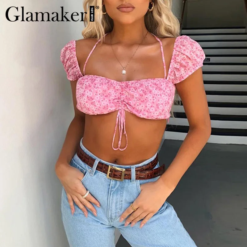 Женский укороченный топ с цветочным принтом Glamaker розовый винтажный на