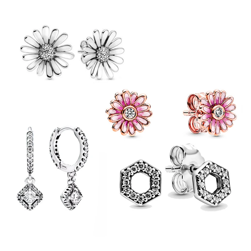 

Flower Square Sparkle Honeycomb Hexagon Pan Earring 925 Sterling Silver Earring Studs For Women Gift Diy Jewelry