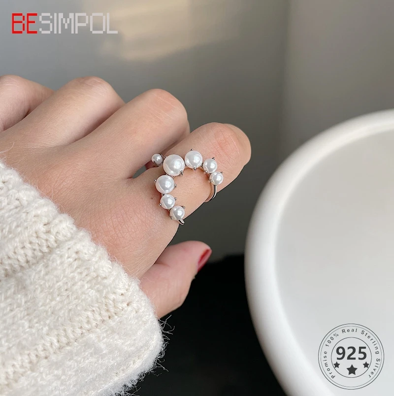 

Besimpol Genuine 925 Sterling Silver Ring Textured Round Pearls Adjustable Open Rings For Women Fashion Fine Jewelry Party Gifts