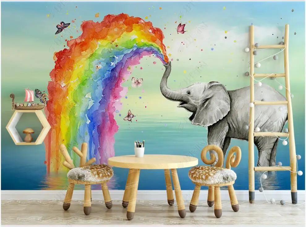 

3d фото обои на заказ, милый слон, акварель, радуга, фотообои для спальни, обои для стен в рулонах