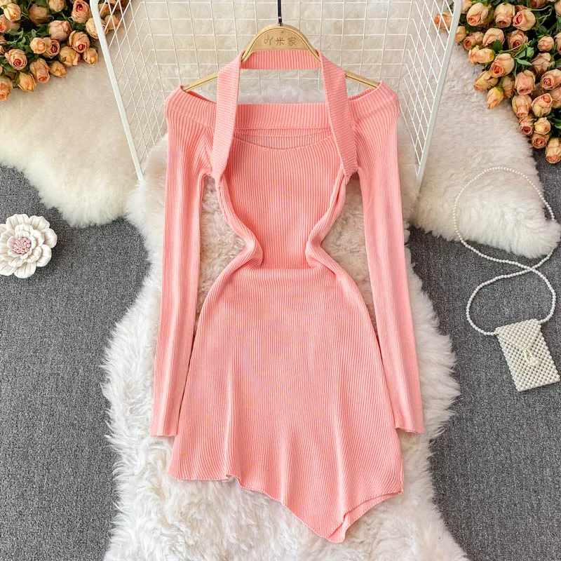 

Hanging Neck, Off Shoulder, Slotted Neck, Elastic Tight, Thin, Irregular Bottomed Knitted Hip Wrap Dress