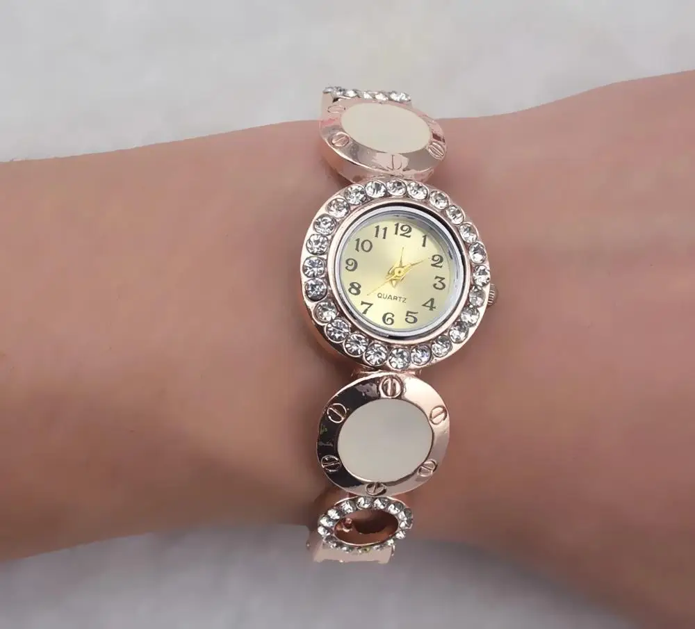 Модный Лук Большой Кристалл Стразы Золотой Браслет манжета браслет с часами