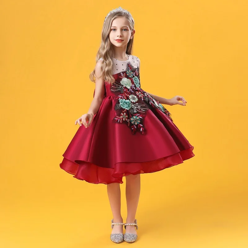 

2021 New Girls Sleeveless Embroidery Flower Princess Dress Kids Elegant Party Prom Ball Gown Children Costume 3-14 Year