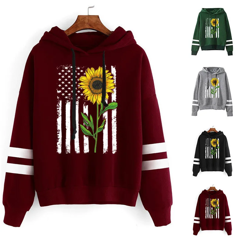 

Women Hoodie Sunflower Flag Printed Hoodies Women Double Striped Long Sleeve Fleece Sweatshirt with Hat Girls PulloversWinter
