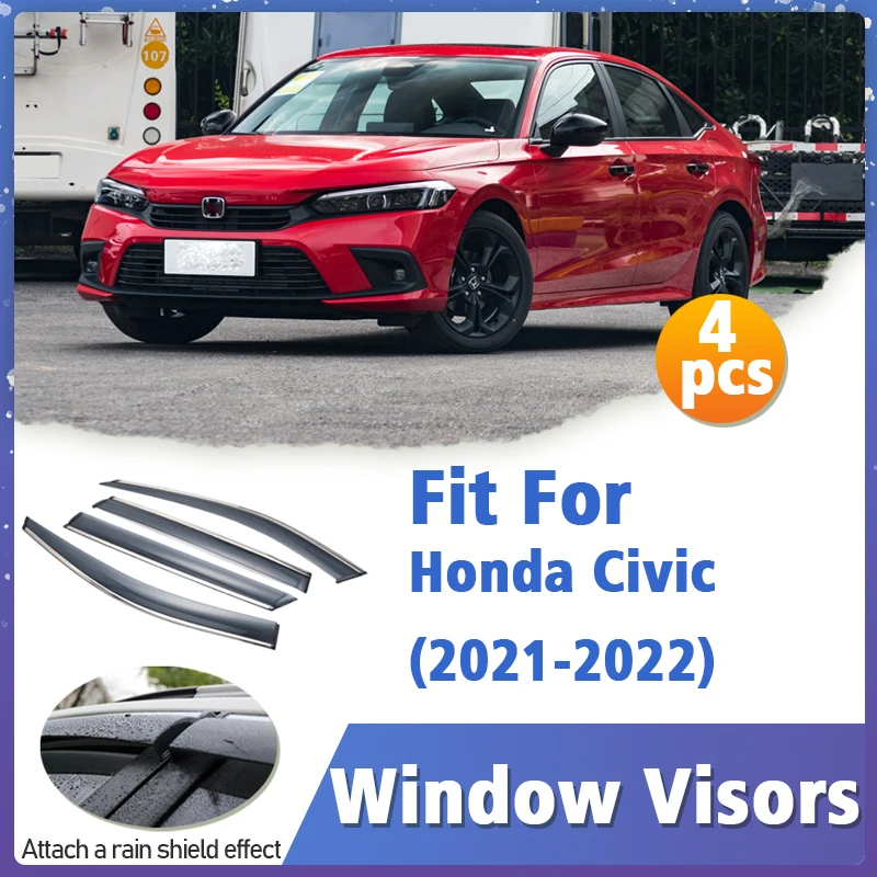 Window Visor Guard for Honda Civic 2021-2022 4pcs Vent Cover Trim Awnings Shelters Protection Sun Rain Deflector Accessories