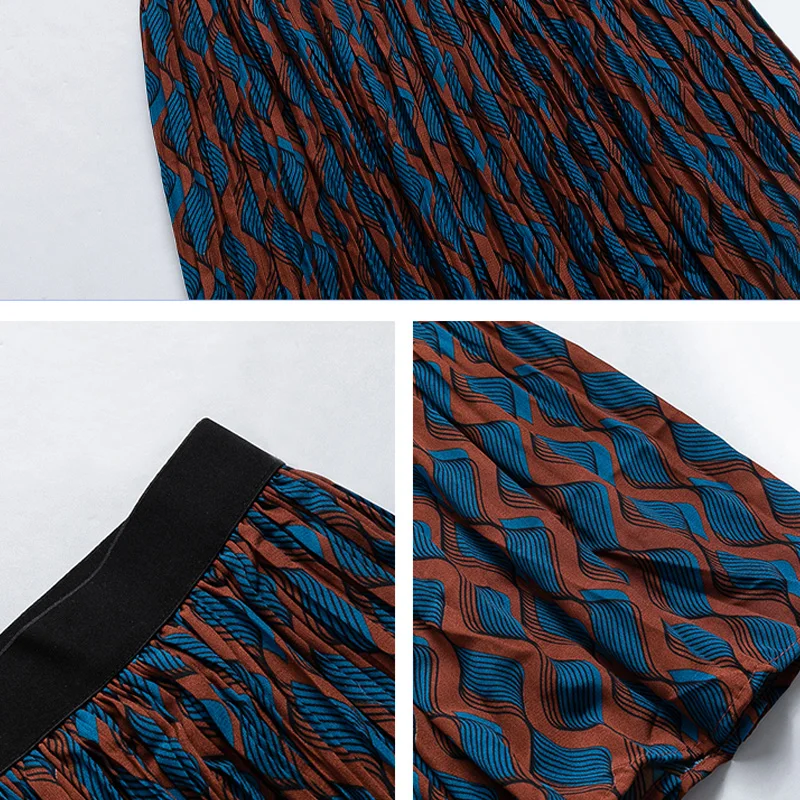 

Vintage Print A-line Pleated Chiffon Skirt Twist Geometric Printing Ankle Long Skirts