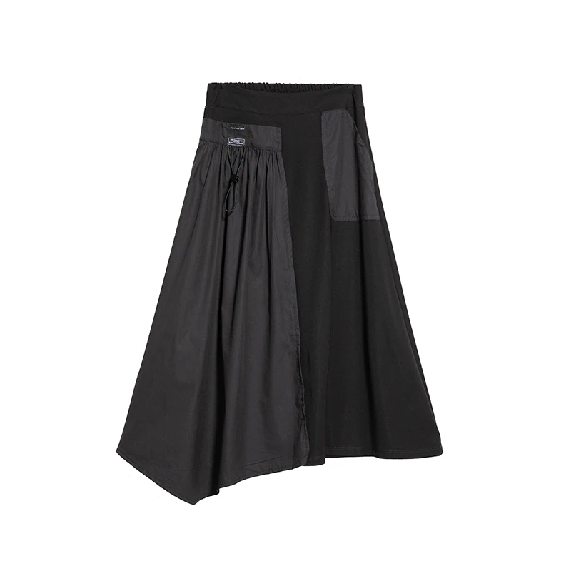 

Irregular Pleated Black High Waist Skirt Women New Patchwork Pocket Loose Casual Midi Skirts Womens Fashion Clothes Summer 2021