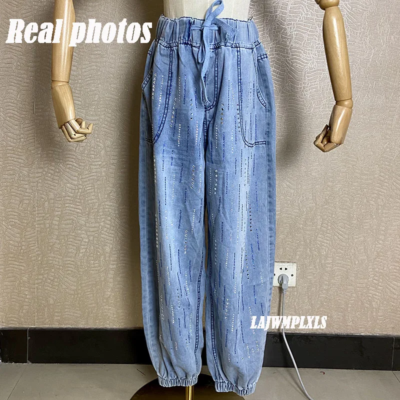 

ladies glitter drawstring elastic bead trouser women summer harem denim pants diamond crystal striped heavy handmade baggy jeans