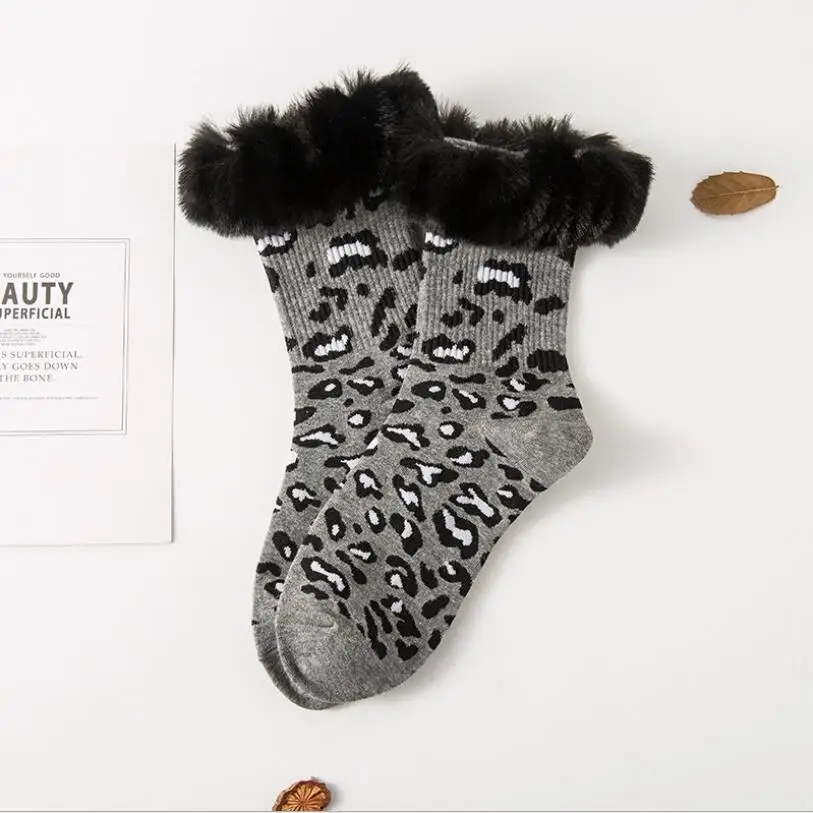 Women Solid Leopard Cotton Socks Faux Fur Cuff Girls Warm Winter Socks Leopard Ankle Socks Crew Socks Short Socks 8/10 Pairs/lot