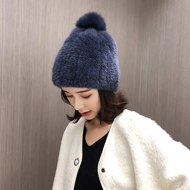 Mink Fur Hat Women Winter Knitted Mink Fur Beanies Cap With Fox Fur Pom Poms Handmade New Thick Female Cap fur-hat hot Sale