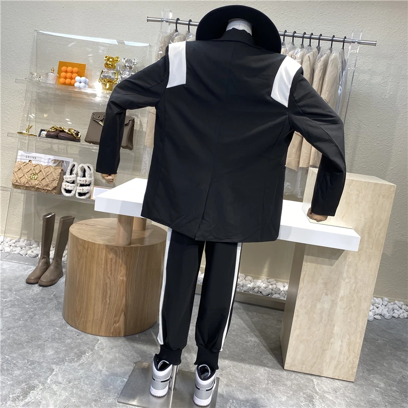 

Niche Design Color Contrast Two Button Medium Length Suit Coat + One Hundred Edge High Waist Straight Casual Pants 2 Piece Suit