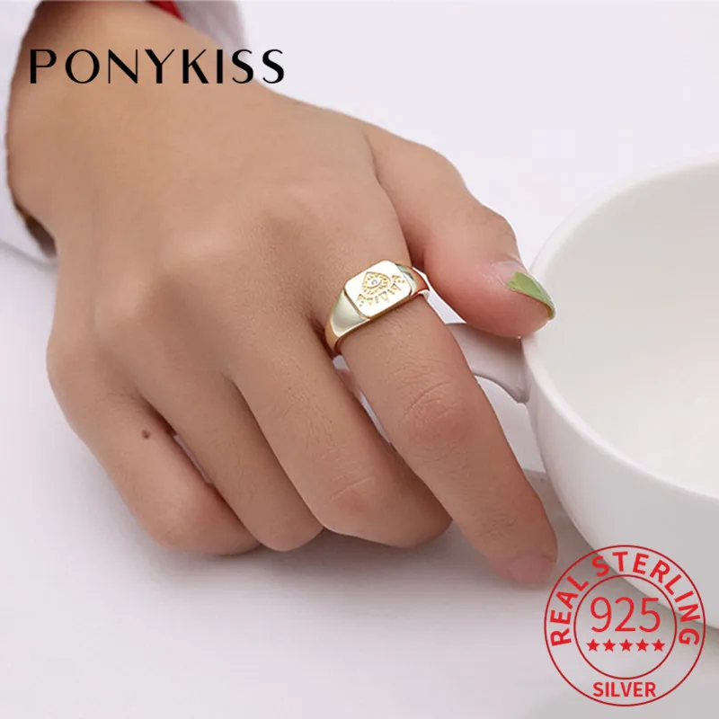 PONYKISS Винтаж S925 серебро шик Циркон Тотем сердце регулируемое открытие кольцо ювелирные изделия для женщин партии День рождения прекрасный подарок