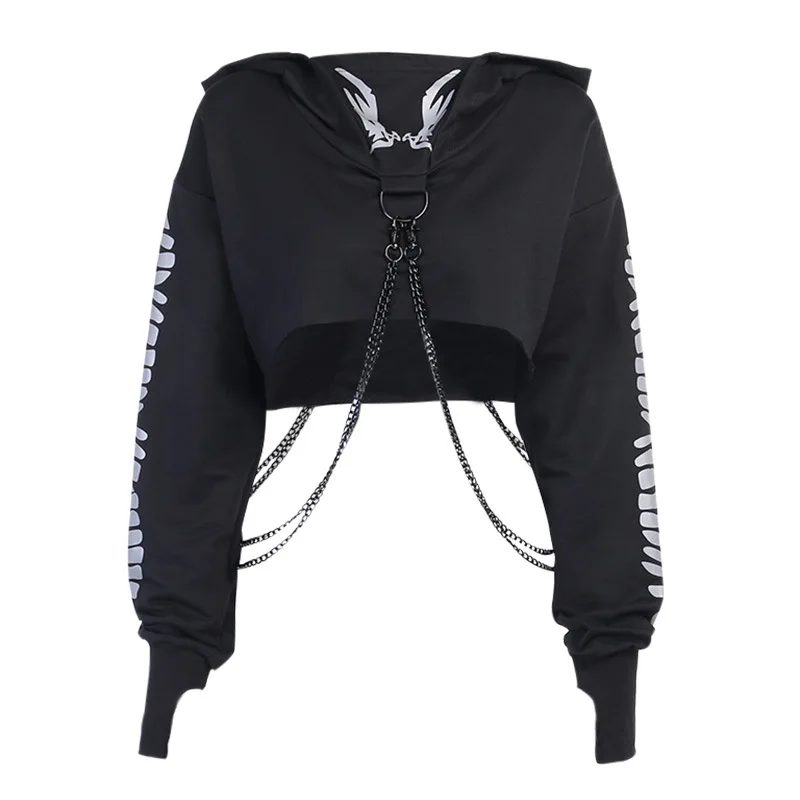 

XUANSHOW 2020 Women Gothic Style Hoodies Sweatshirt Cotton Reflective Fish Bone Printed Long Sleeve Chain Sexy Crop Tops Clothes