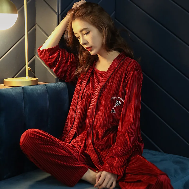 2019 осенние пижамы 3 шт наборы дамы золото бархат Слинг платья брюки сексуальный