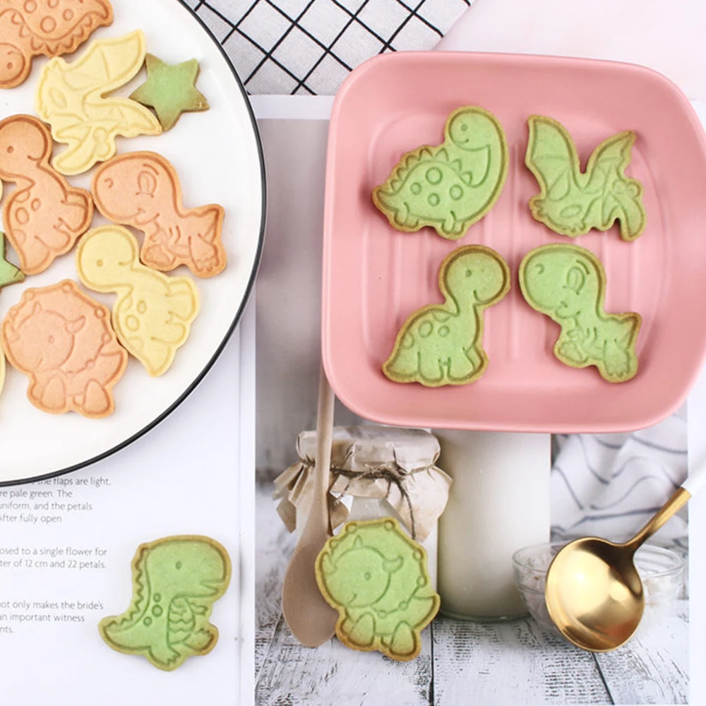6Pcs/set Dinosaur Shape Cookie Cutters Plastic 3D Cartoon Pressable Biscuit Mold Stamp Kitchen Baking Pastry Bakeware | Дом и сад