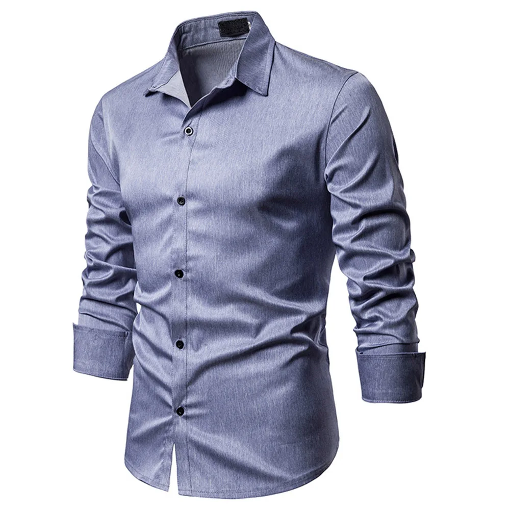 Solid Gray Classic Men Shirt Spring Autumn Brand Fashion Basic Office Casual Tops Long Sleeve Shirts Men's Clothes Work Business |