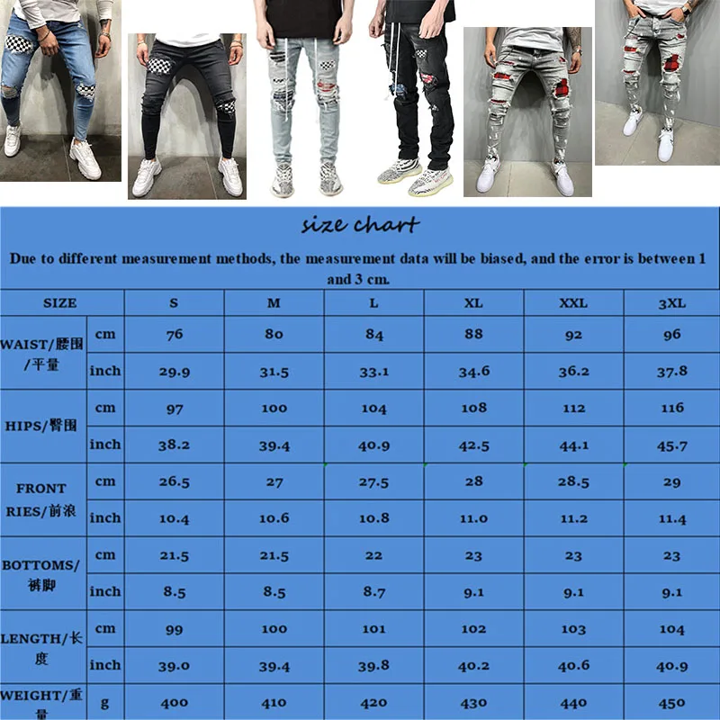 

Men Hot Skinny Biker Jeans Ripped Grid Patchwork Stretch Denim Pants Elastic Hip-Hop Jogging Pencil Pants 2020 Men's Clothing
