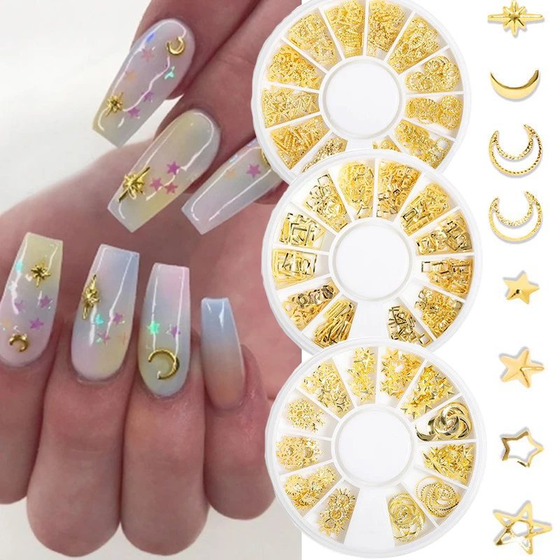 

Metal Rivet Nail Art Small Round Box Nails Decoration 3D Star Moon Pattern Fashion Design DIY Handicraft Nail Accessories