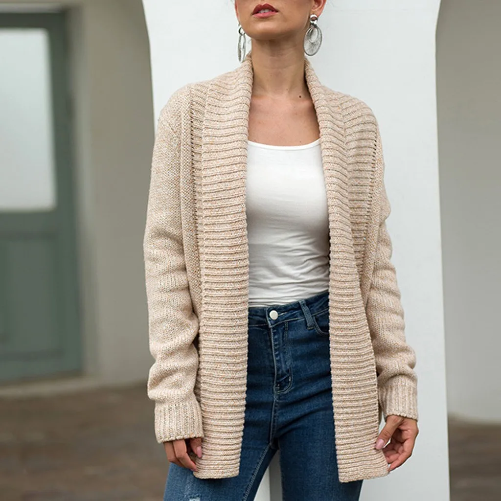 Женский свитер однотонный вязаный жакет с длинным рукавом карманами пальто