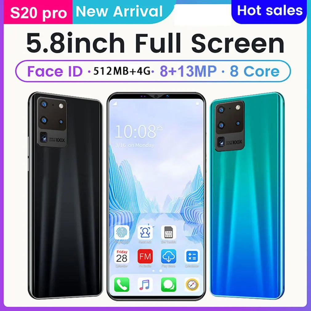 

S20 Pro Smartphone 5.8 Inch Screen Smartphone 512M+4G Android Smartphone 3D Glass Plated Back Cover Blue