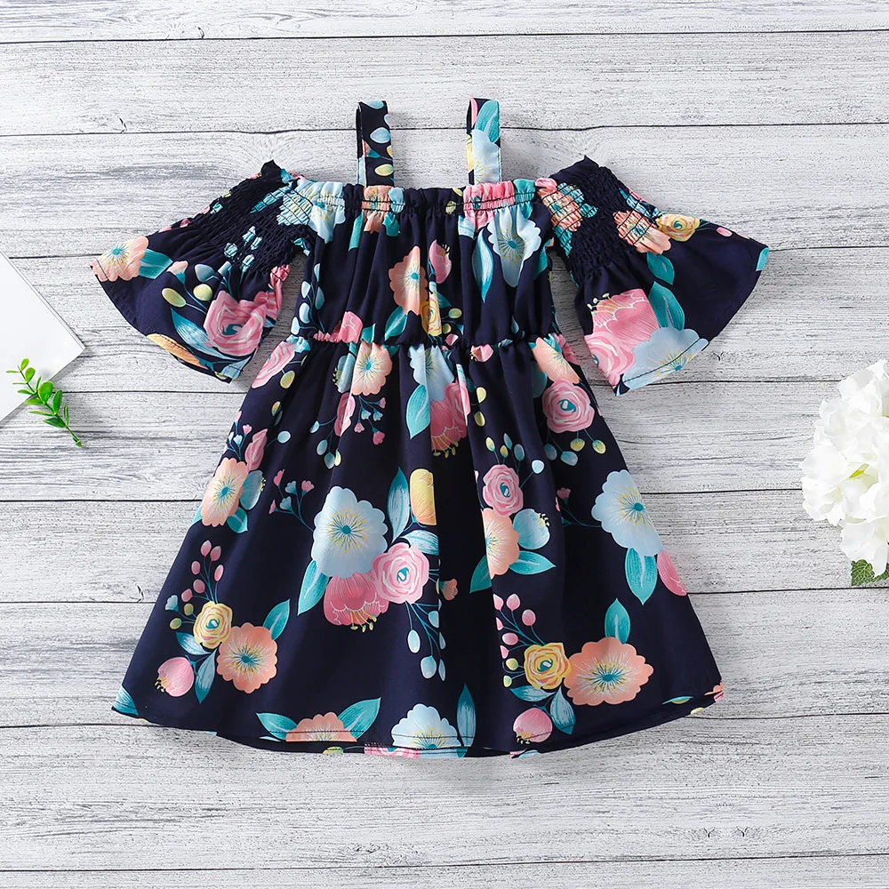 

Fashion One-shoulder Sling Print Waist Children's Dress 2021 New Trumpet Sleeve Girls Clothes Summer Dress