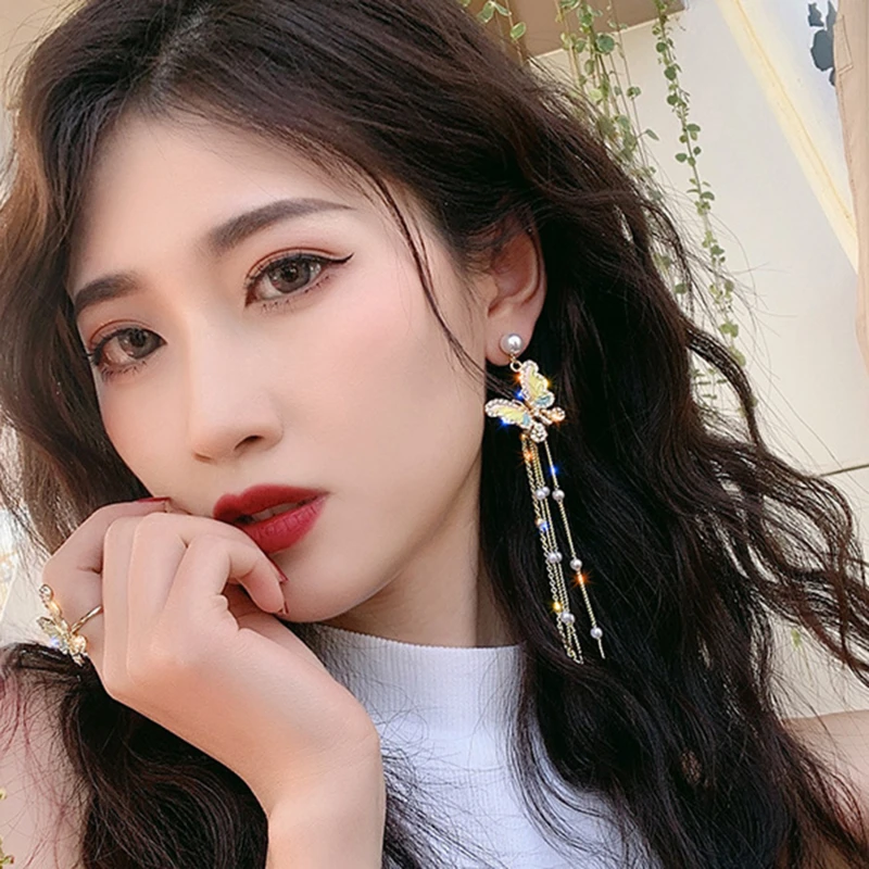 Модные женские серьги-бабочки серьги с бахромой и жемчугом для девочек винтажные